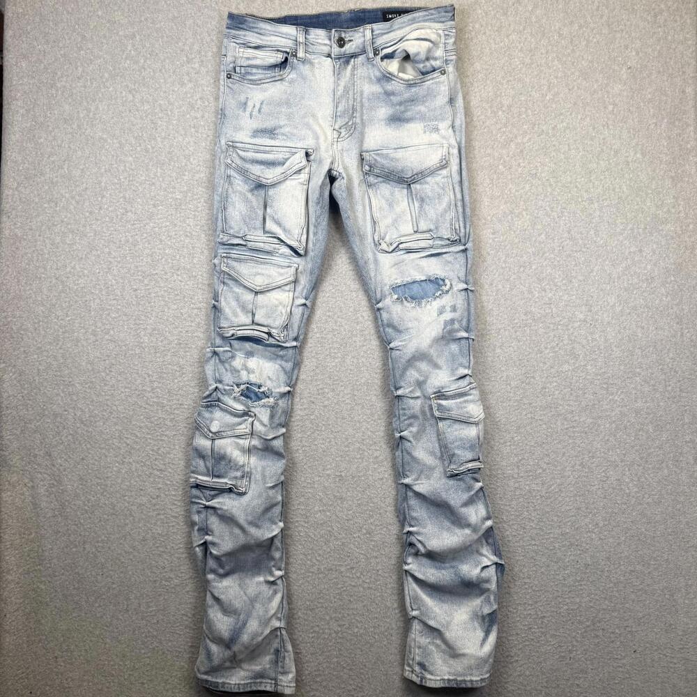 Smoke Rise Utility Pocket Stacked Jeans Men's Size 32x36 Light Wash Blue
